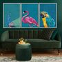 Set Of Three Turquoise Bird Peacock Flamingo Art Print, thumbnail 1 of 8