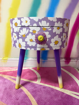 Lilac Daisy Round Wooden Side Table With Drawer, 10 of 11