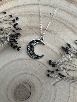 Black Crescent Moon Pendant, Filled With Pressed Flowers, 3 of 4