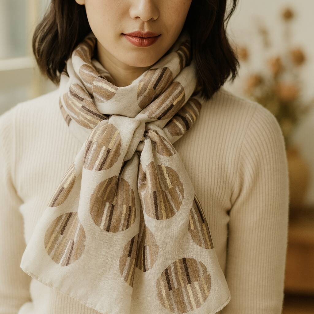 Beige Circle Pattern Lightweight Scarf, 1 of 7