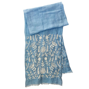 Hand Embroidered 100% Linen Scarf In Denim Blue Floral, 6 of 6