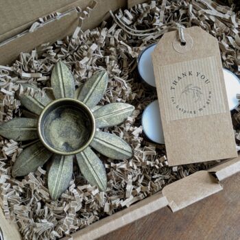 Flower Shaped Antique Brushed Gold Tealight Votive| Gift Set, 3 of 4