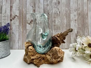 Melted Glass Jug On Driftwood Handcrafted Glass Vase, 7 of 9