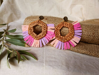 Ibiza Pink Raffia And Rattan Earrings 14 K Gold Plated, 3 of 7