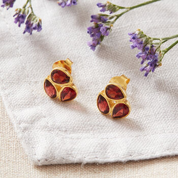 Garnet Triple Teardrop Gold Plated Silver Stud Earrings, 4 of 12