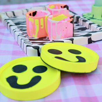 Smiley Face Coasters/ Trays Neon Yellow Set Of Two, 4 of 11