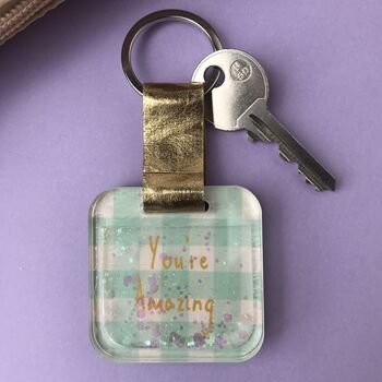 Personalised Teal Gingham Print Glitter Keyring, 2 of 7