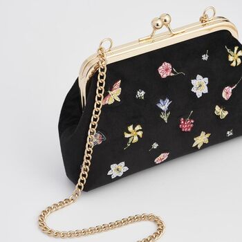 Floral Ditsy Embroidered Black Velvet Clutch Bag, 4 of 5