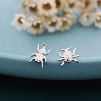 Sterling Silver Tiny Mismatched Little Stag Beetle Stud Earrings, 7 of 12