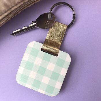 Personalised Teal Gingham Print Mirror Keyring, 3 of 6