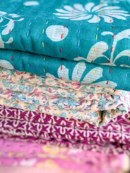 Mini Kantha Quilt Vintage Sari Throw Blankets, Handmade, 2 of 12