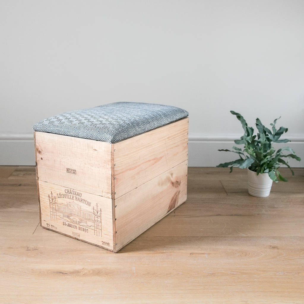 Wine Crate Ottoman Blanket Box With Geometric Fabric By Made Anew