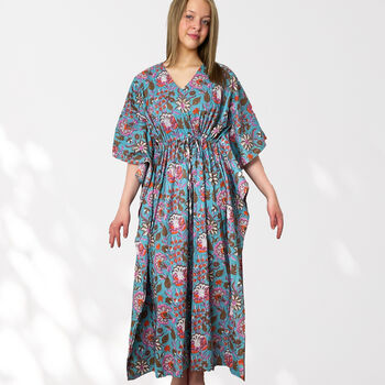 Bright Blue And Pink Floral 100% Cotton Kaftan, 5 of 7