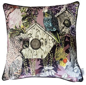 Bird Sanctuary Soft Purple Square Cushion With Birds, Bird Houses, And Trailing Wisteria, 7 of 7