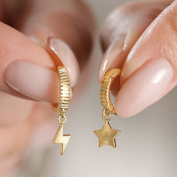 Mismatched Celestial Huggie Earrings In Gold Plating, 3 of 5