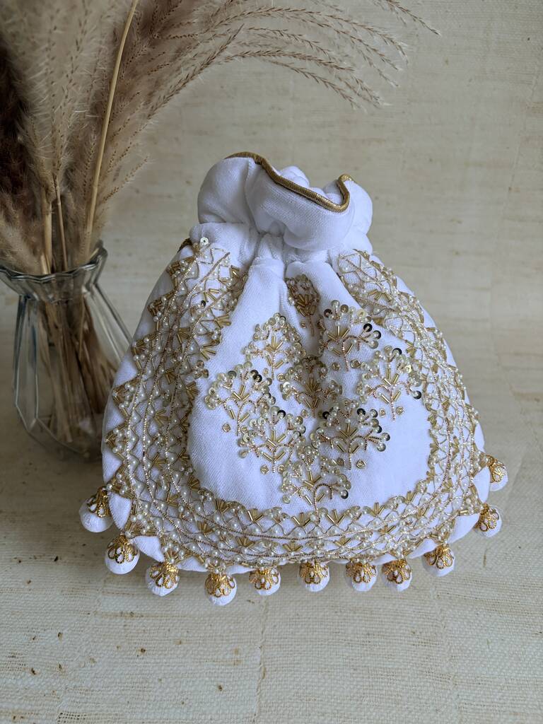 White Velvet Handcrafted Luxury Potli/Wrist Bag, 1 of 7