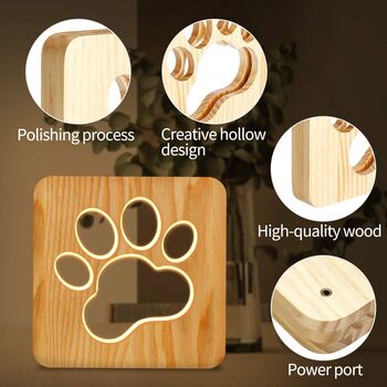 Cat Dog Paw Wood Carved LED Cute Night Light Lamp, 6 of 8