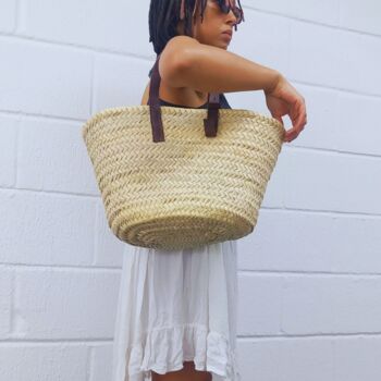 French Shopper Market Basket Palm Leaves Adjustable Leather Straps, 3 of 4