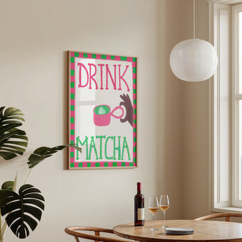 Drink Matcha Pink Green Checked Hand Painted Kitchen Print, 2 of 6