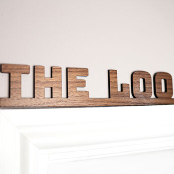 The Loo Sign – Walnut Wood Door Topper With Adhesive Dots, Modern Bathroom Decor, Stylish Wooden Restroom Sign, Easy Install Loo Sign, Elegant Wc Door Topper, Contemporary Wooden Bathroom Sign, 8 of 12