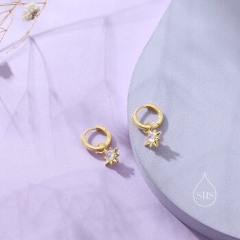 Moonstone Starburst Huggie Hoop Earrings In Sterling Silver, 6 of 11