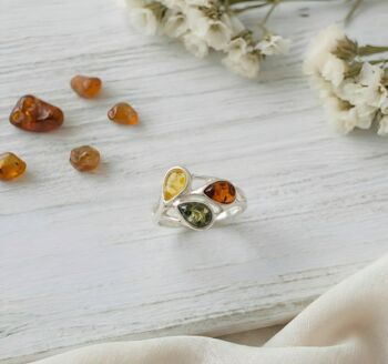 Handmade Tricolour Amber And Sterling Silver Teardrop Ring, 2 of 4
