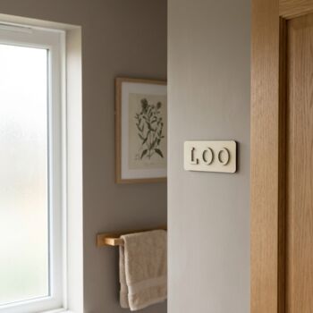 Loo Sign Pastel Yellow, Bathroom Toilet Sign Birch Wood, 4 of 12