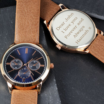 Personalised Men's Rose Gold Tone Watch Brown Strap, 4 of 5