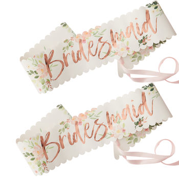 Two Rose Gold Floral Bridesmaid Hen Party Sashes, 2 of 3