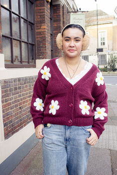 Burgundy Crochet Bobble Applique Relaxed Daisy Cardigan, 5 of 6