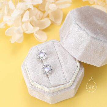 Vintage Inspired Moonstone Flower Cz Stud Earrings, 4 of 12
