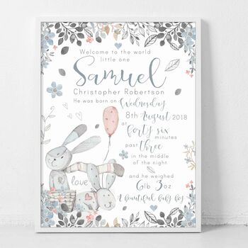 Personalised Keepsake Birth Print Floral Rabbits, 4 of 7