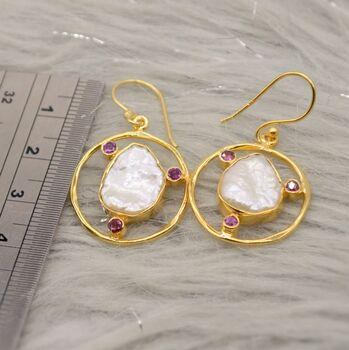 Pearl, Rhodolite Garnet Gold Earrings, 4 of 4