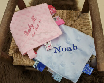 Personalised And Embroidered Baby Blue Taggies Comforter, 3 of 8