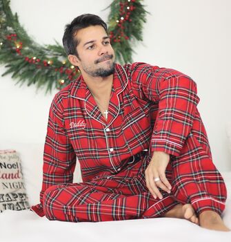 Personalised Matching Couples Luxury Brushed Cotton Christmas Tartan Pyjamas, 2 of 6