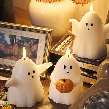 Set Of Three Halloween Ghost Tru Glow Pillar Candles, 3 of 4