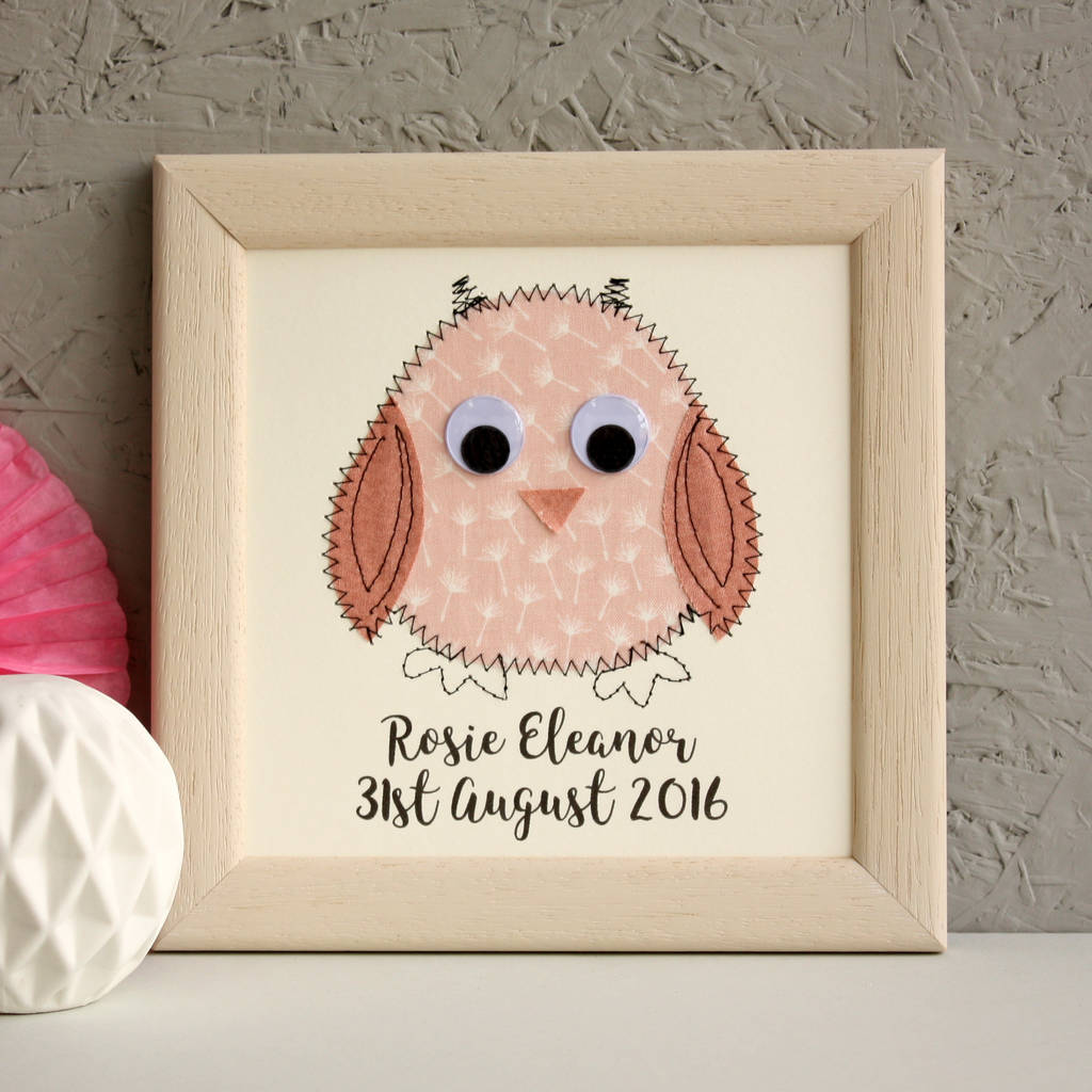 Personalised Baby Owl Embroidered Framed Artwork, 1 of 11