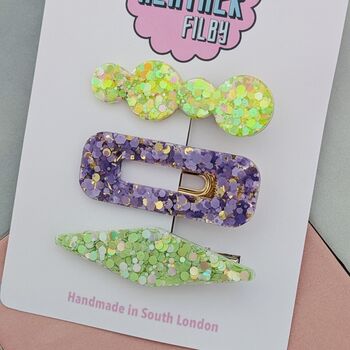 Lilac And Green Glitter Resin Hair Clips, 2 of 4