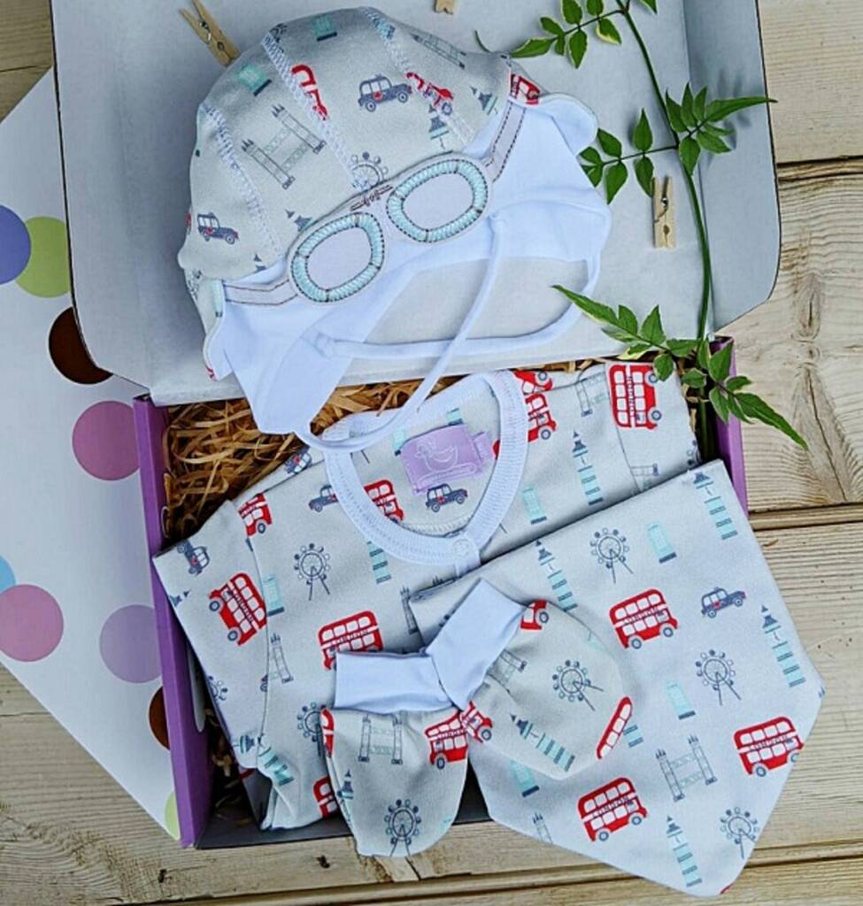 Image of London Baby Grow, Hat, Bib And Mittens Set