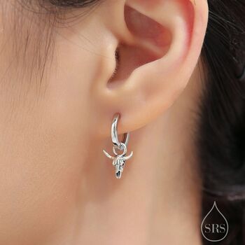 Sterling Silver Mismatched Bull Skull And Bird Skull Hoop Earrings, 2 of 12