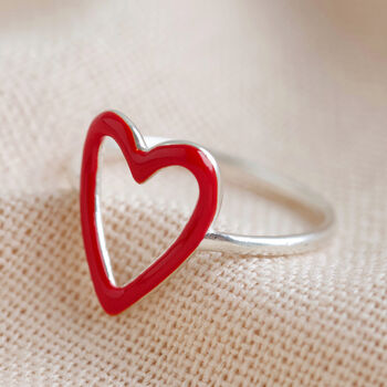 Red Enamel Heart Outline Ring In Sterling Silver, 7 of 12