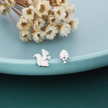 Mismatched Squirrel And Pinecone Nut Stud Earrings In Sterling Silver, 6 of 12