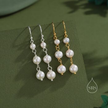 Sterling Silver Natural Pearl Trio Drop Hook Earrings, 7 of 11