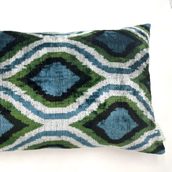 Oblong Velvet Ikat Cushion Blue Green Bulbous, 6 of 6