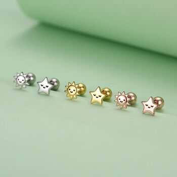 Sterling Silver Sun And Star Stud Earrings 18 G Screw Back With Ball Backs, 2 of 12