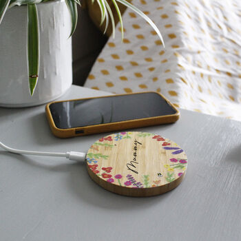 Personalised Bamboo Wireless Phone Charger For Mum, 8 of 11