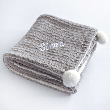 Personalised Grey Cable Knit Pom Pom Blanket, 9 of 12