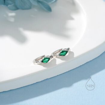 Tiny Rhombus Emerald Green Cz Huggie Hoop In Sterling Silver, 6 of 12
