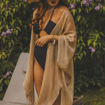 Viscose Metallic Tassel Kimono Beach Coverup In Gold, 2 of 4