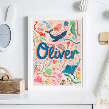 Personalised Ocean Nursery Name Print | Hand Painted Sea Life Wall Art | Nautical Baby Gift, 3 of 9